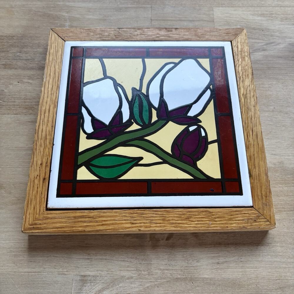 Oakwood Accents MCM Ceramic Tile Wall Art Faux Roses Oak Framed Vintage - Picture 2 of 8